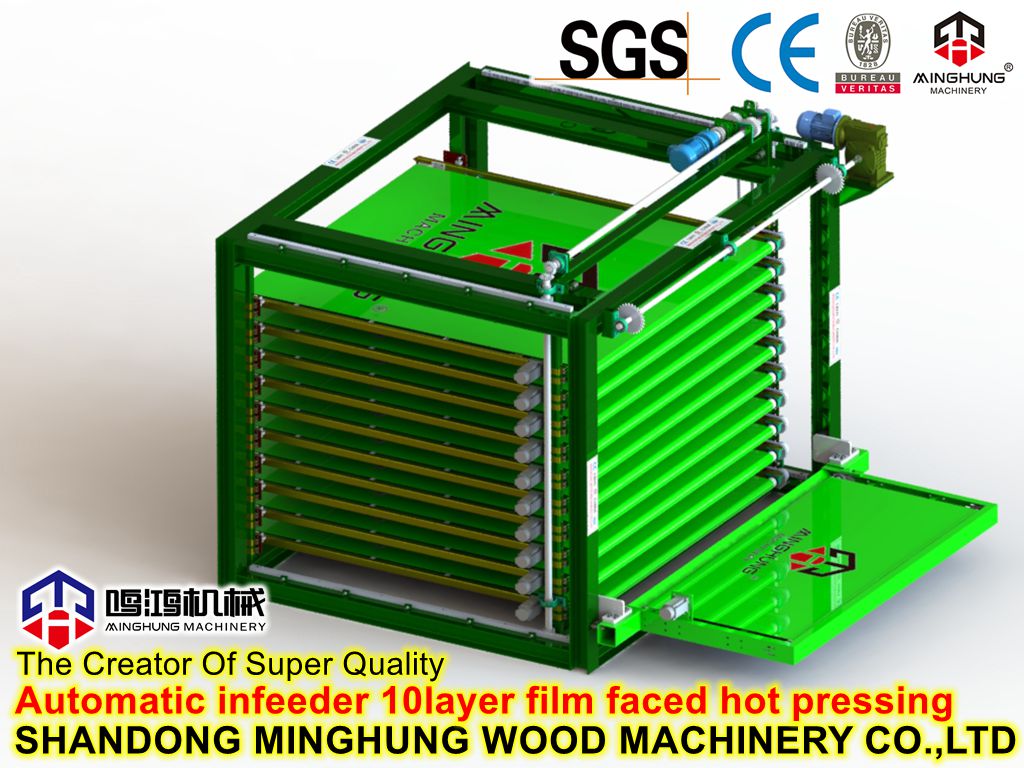 Automatische Zuführung für eine Heißpressmaschine aus folienbeschichtetem Sperrholz